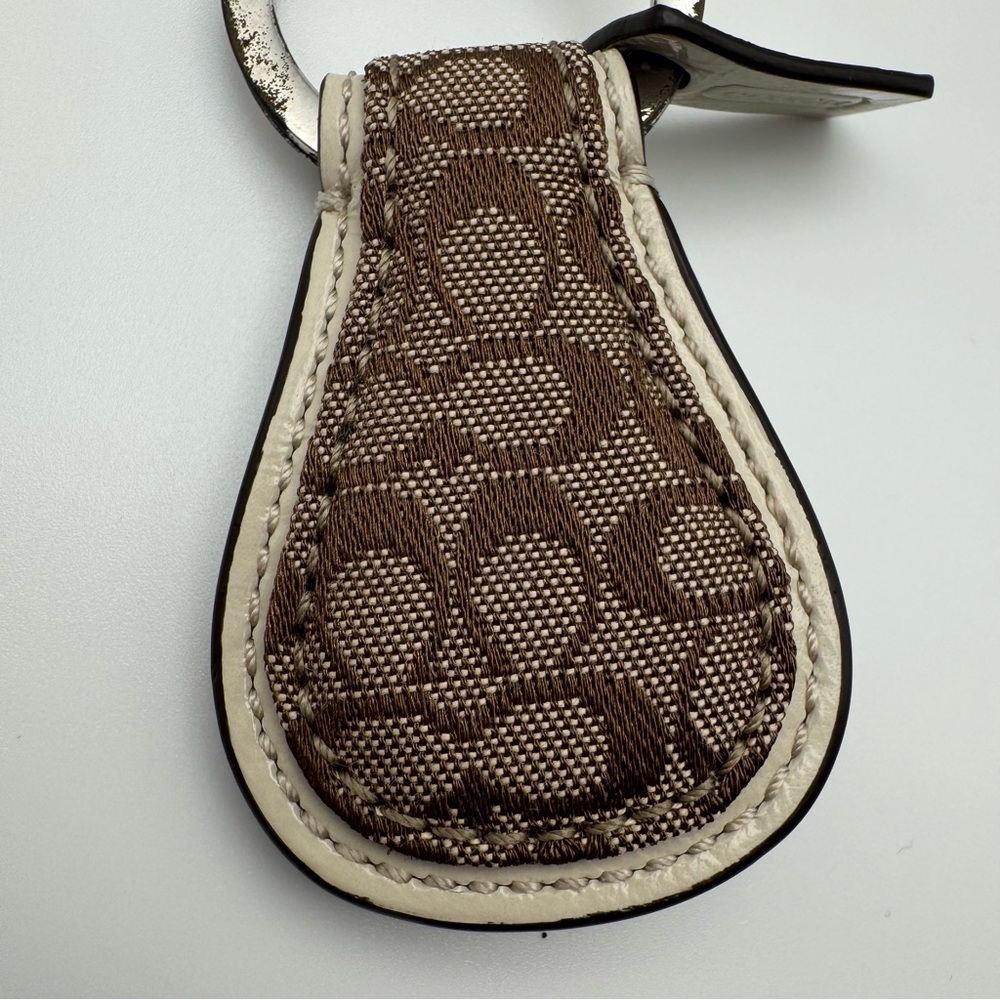 Vintage Coach Signature Jacquard Key Fob Brown Khaki Ivory Leather - Picture 7 of 13